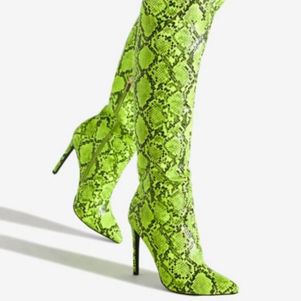 NIB Lime Green Snake skin print Stiletto Boots